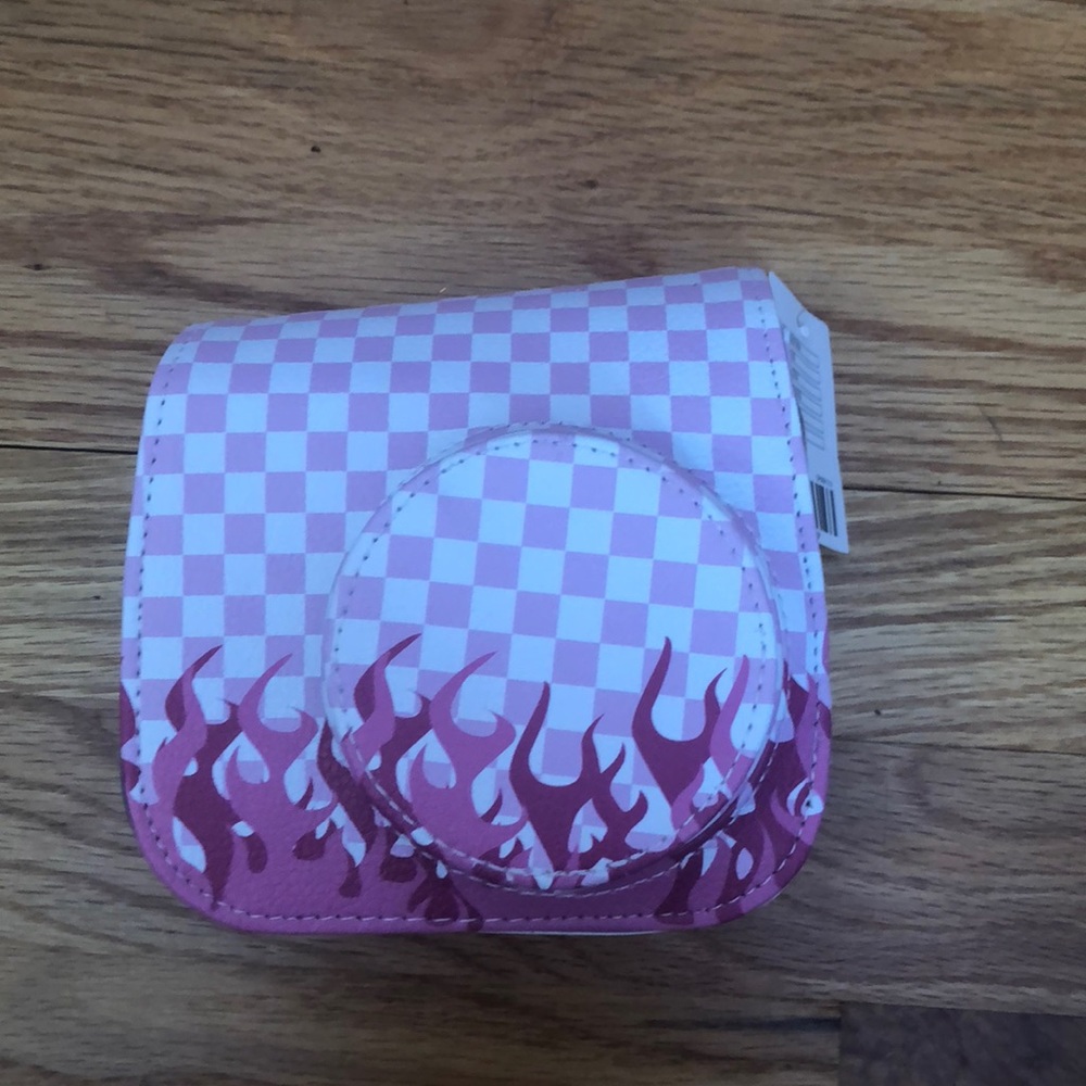 Pink checker and flame Instacart mini camera bag